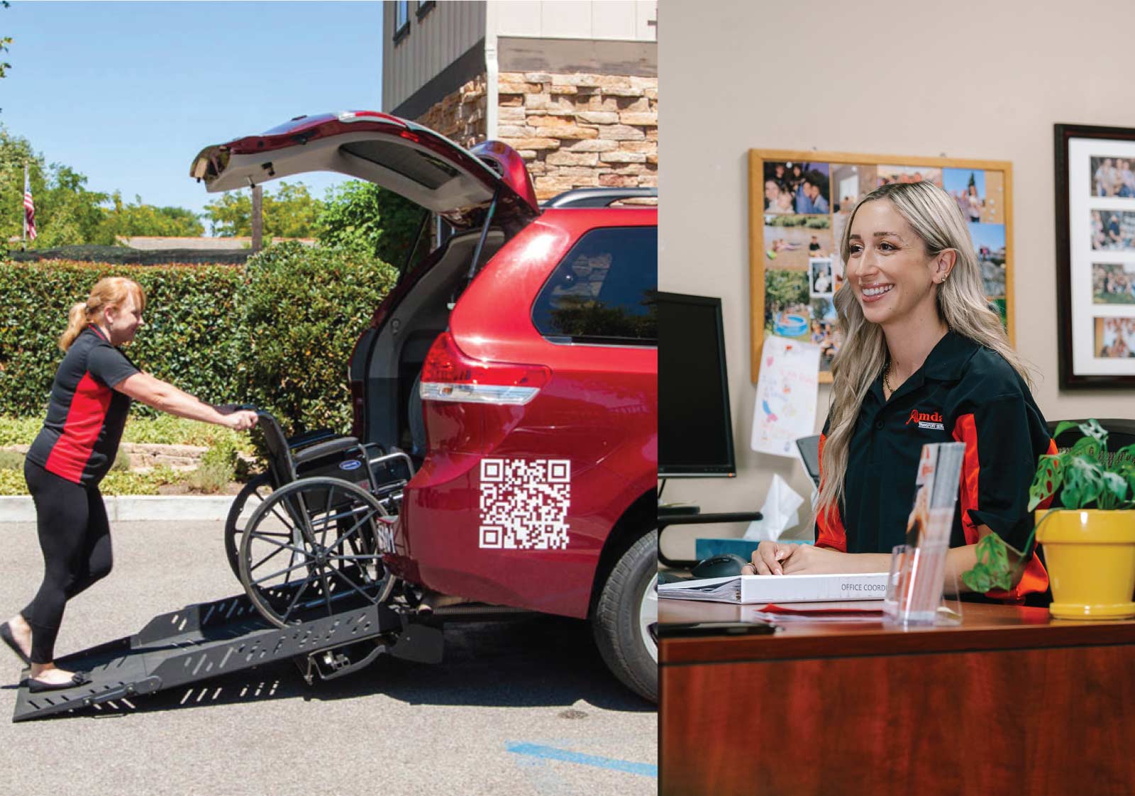 Staff member assisting an elderly patient into a wheelchair-accessible vehicle with care and compassion